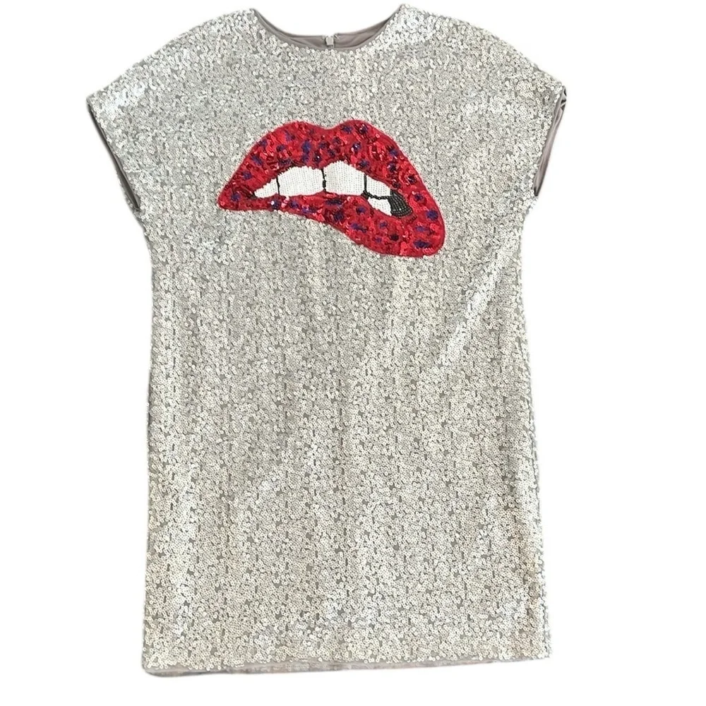 Aiden by Aiden Mattox Silver Sequins Biting Lips Cocktail Dress Size 2